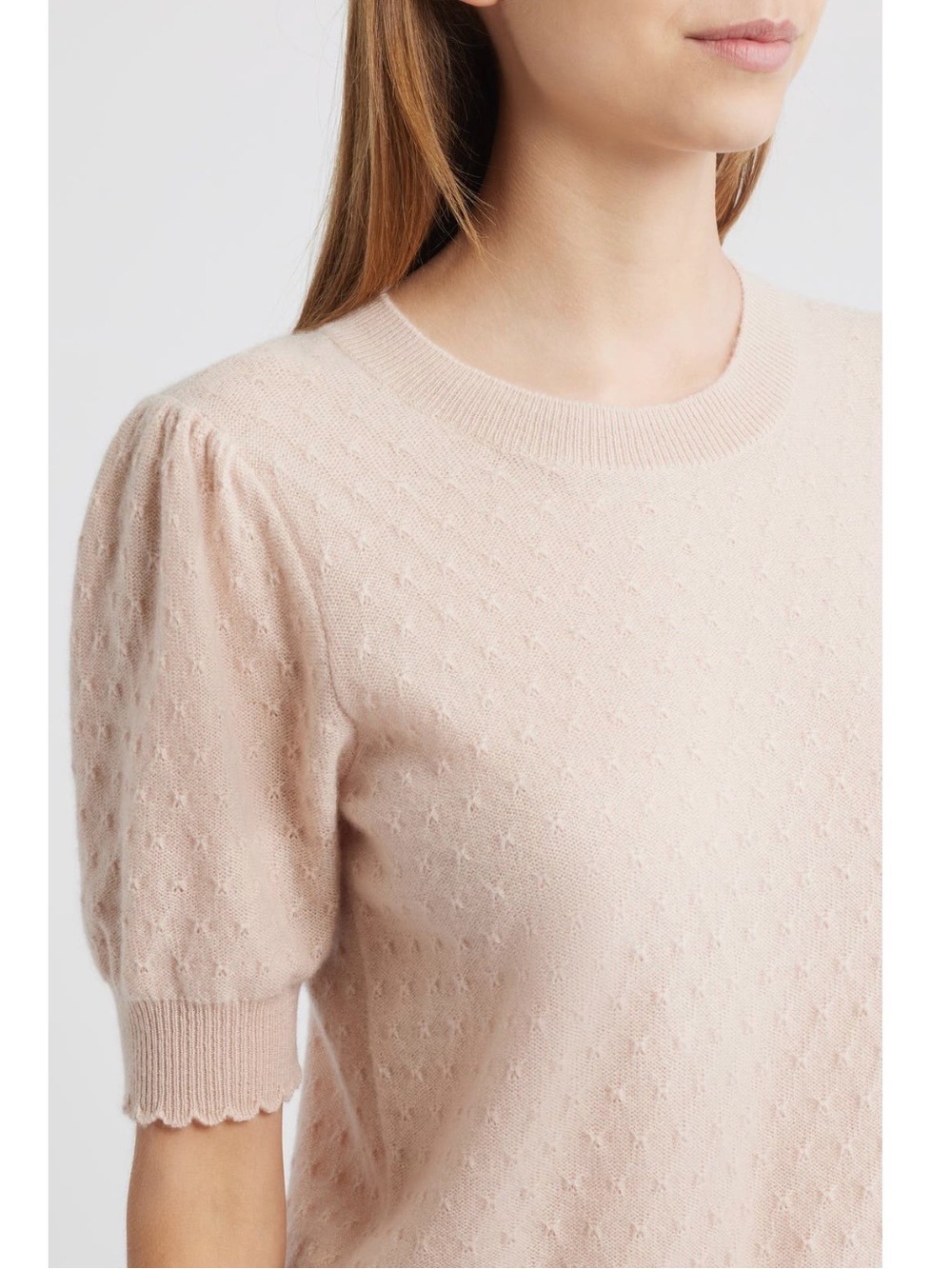 Frame Puff Sleeve Pointelle Cashmere Sweater in Pink Sand Size L - Picture 4 of 10